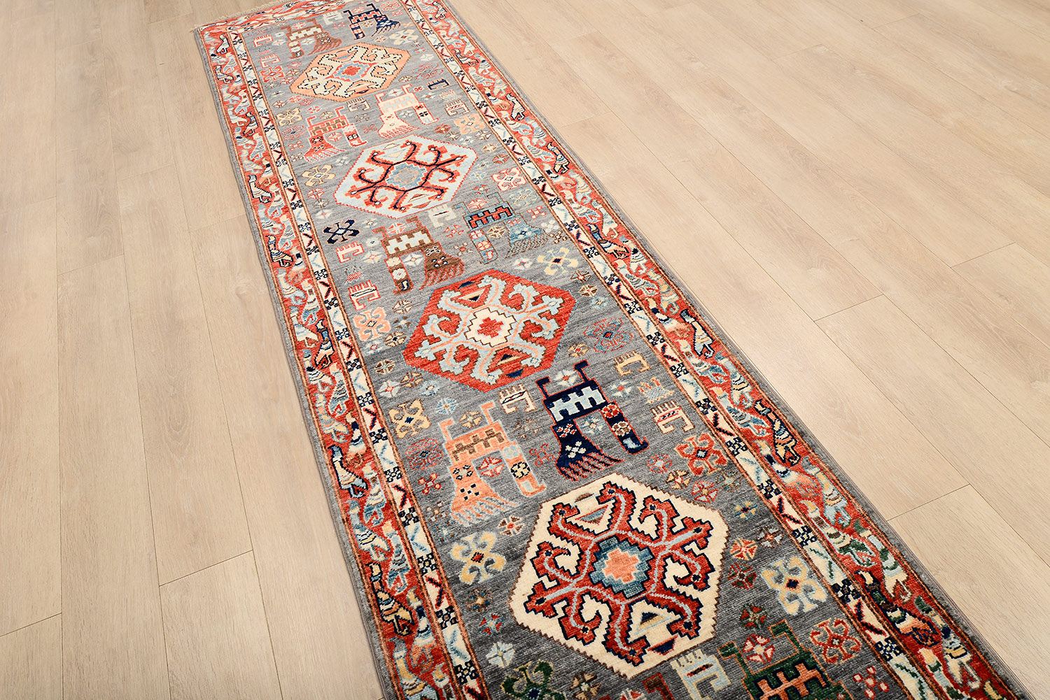Кавказский ковер KAZAKH шерстяной Ковровые дорожкй 298x76cm фото крупным планом