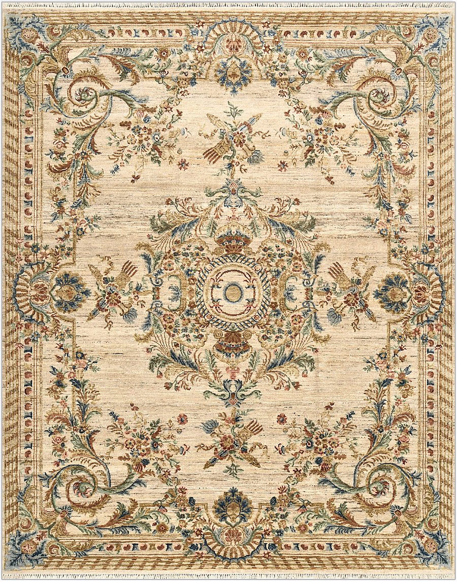 Современный Индийский ковер Savonnerie Vinage №4888 307x247cm из шерсти в стиле неоклассика