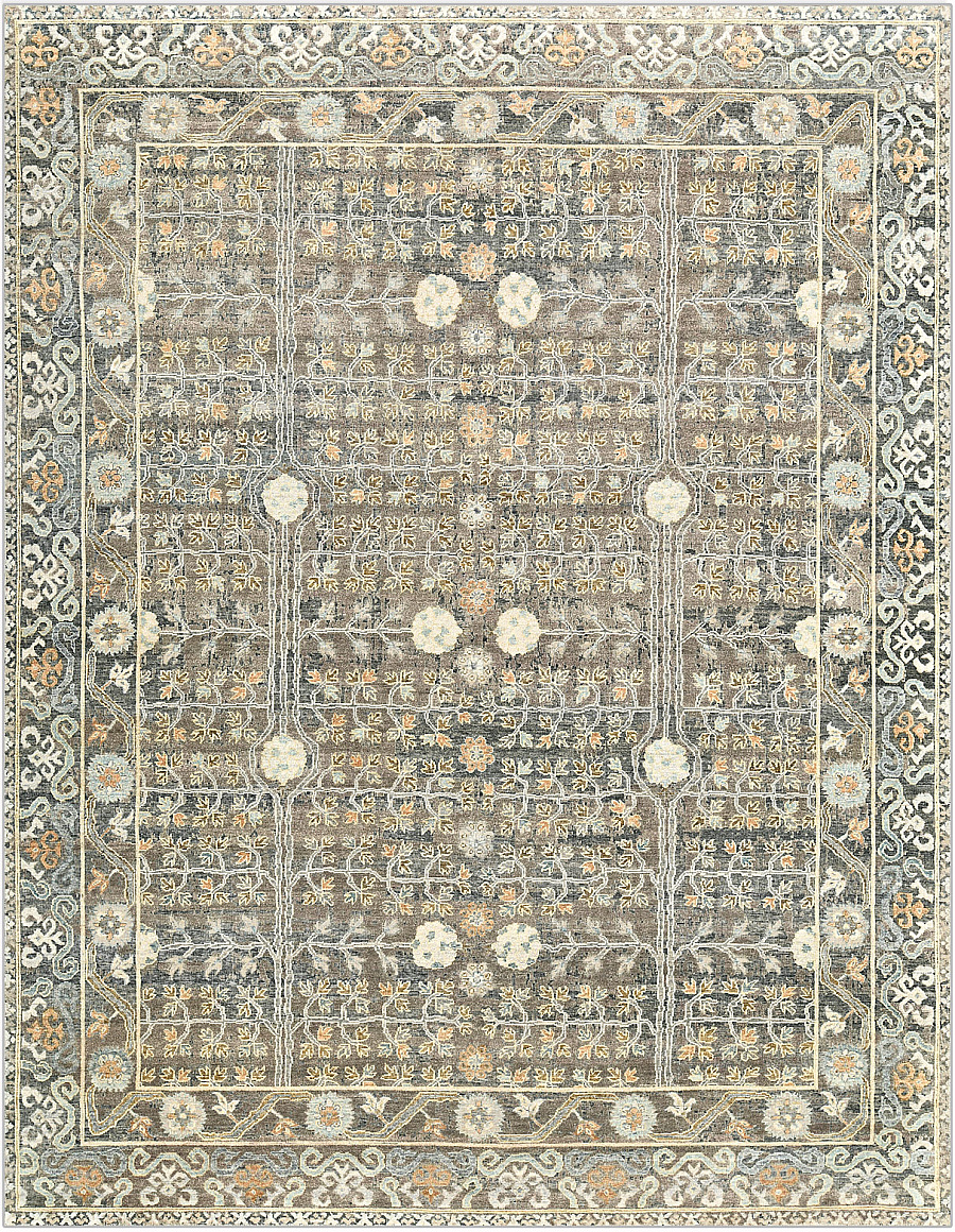 Современный Индийский ковер Kashkar Vintage №5231 312x244cm из шерсти и шелка в стиле неоклассика