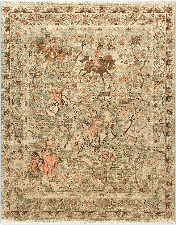 Современный Индийский ковер Hunting Vintage №4904 309x247cm из шерсти и шелка в стиле неоклассика