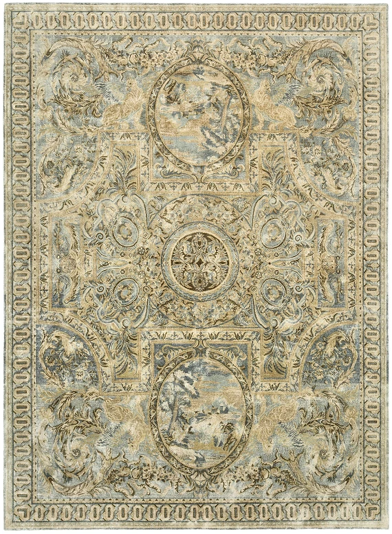 Современный Индийский ковер Савоннери Винтаж №5884 376x275cm из шелка в стиле неоклассика