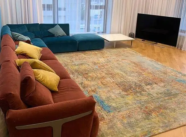 Схема 3: сочетание ярких подушек и мебельной обивки с цветовой палитрой ковра