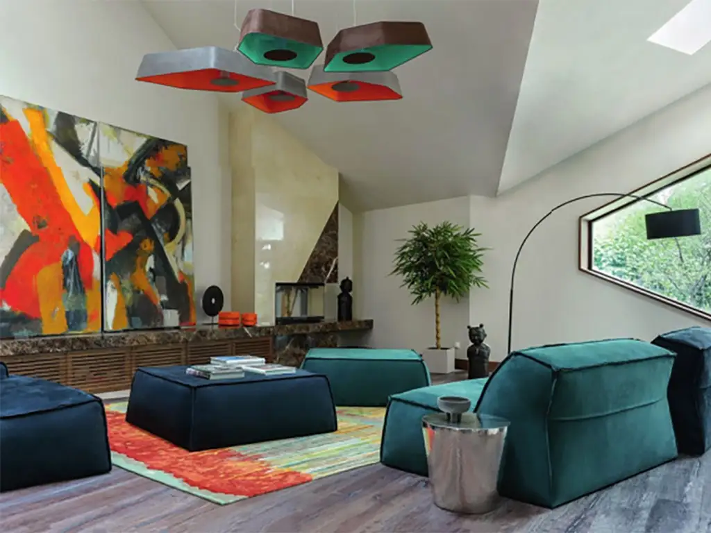 Авангардный стиль интереьра и ковра Reflection Sky в гостиной