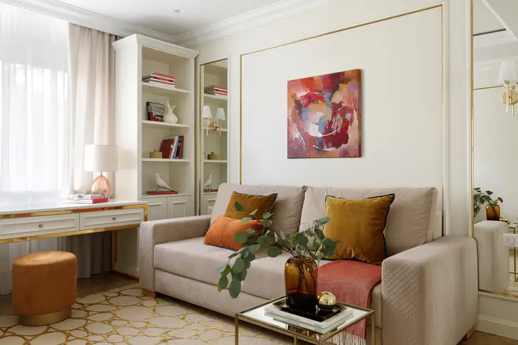 Дизайн гостиной с ковром Ribbon Gold. Проект: sergey.vproekte. Стилист: nevashiron, Фото: Владимир Чернядьев.